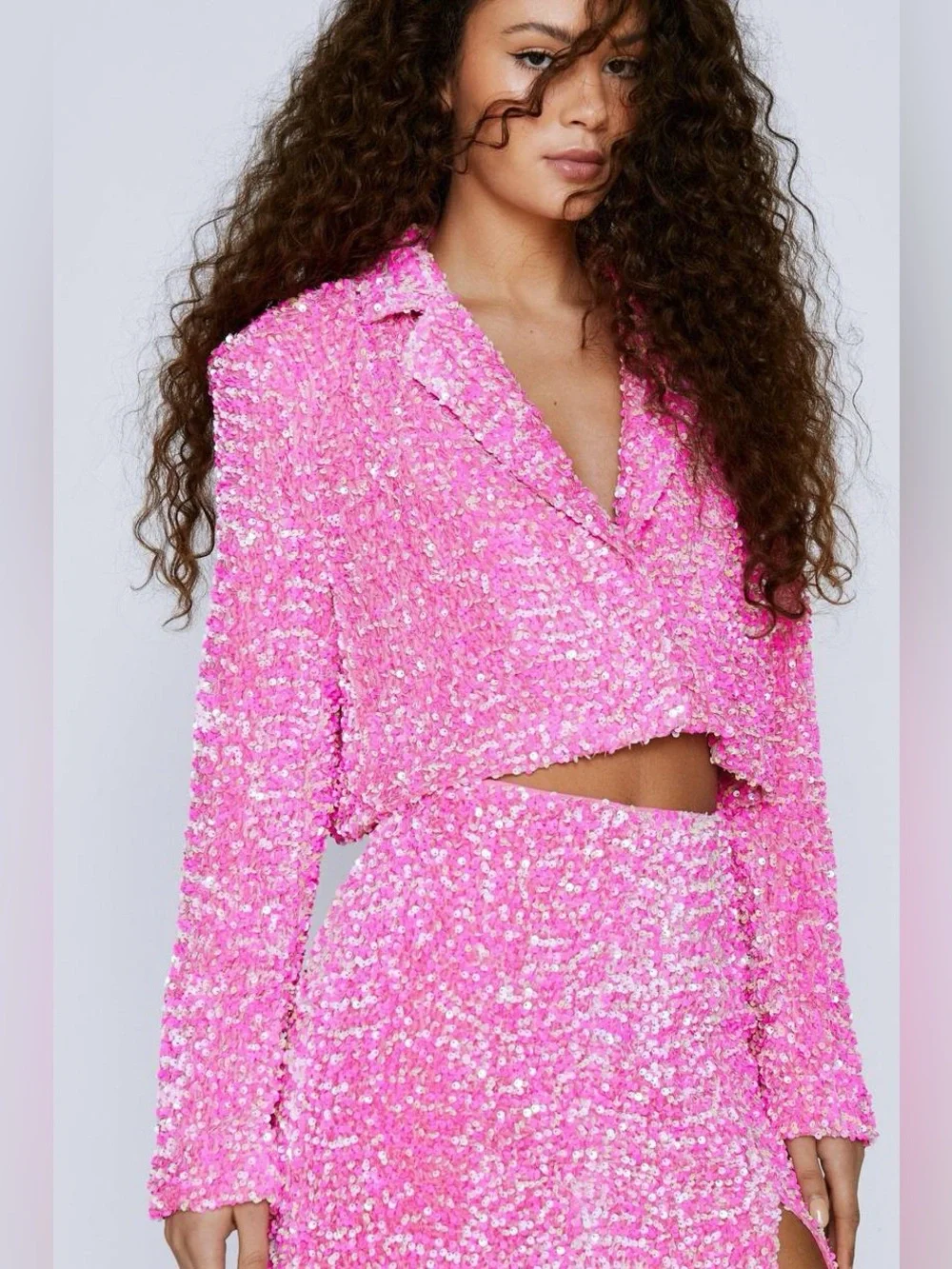 NWT Nasty Gal Premium Velvet Sequin Cropped Blazer and Skirt Set Size US 12
